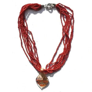 Vintage 1970's Chunky Red Beaded Retro Wave Glass Pendant Necklace Jewelry